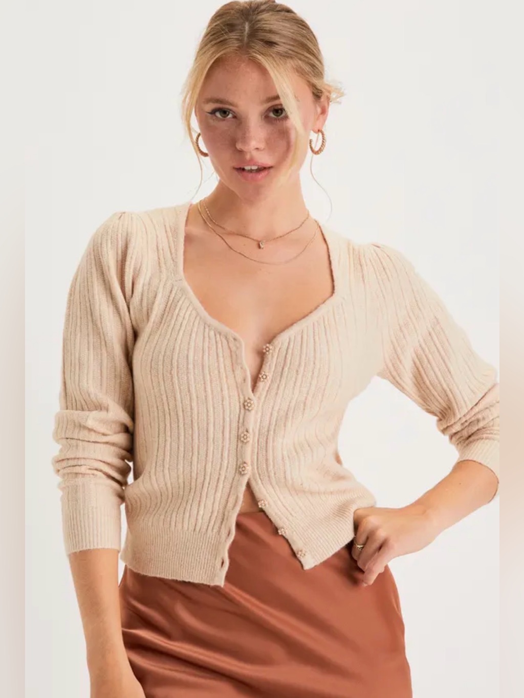 Lulu's Regal Convenience Ribbed Pearl Button-Up Cardigan